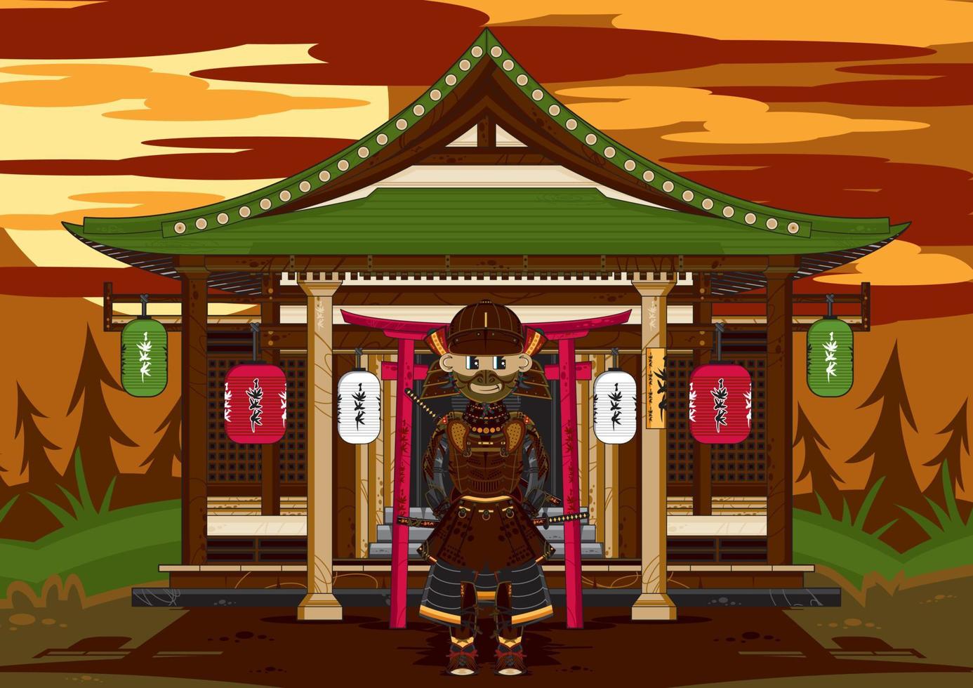 Cartoon Japanese Samurai Warrior Outside Ancient Temple History Illustration vector