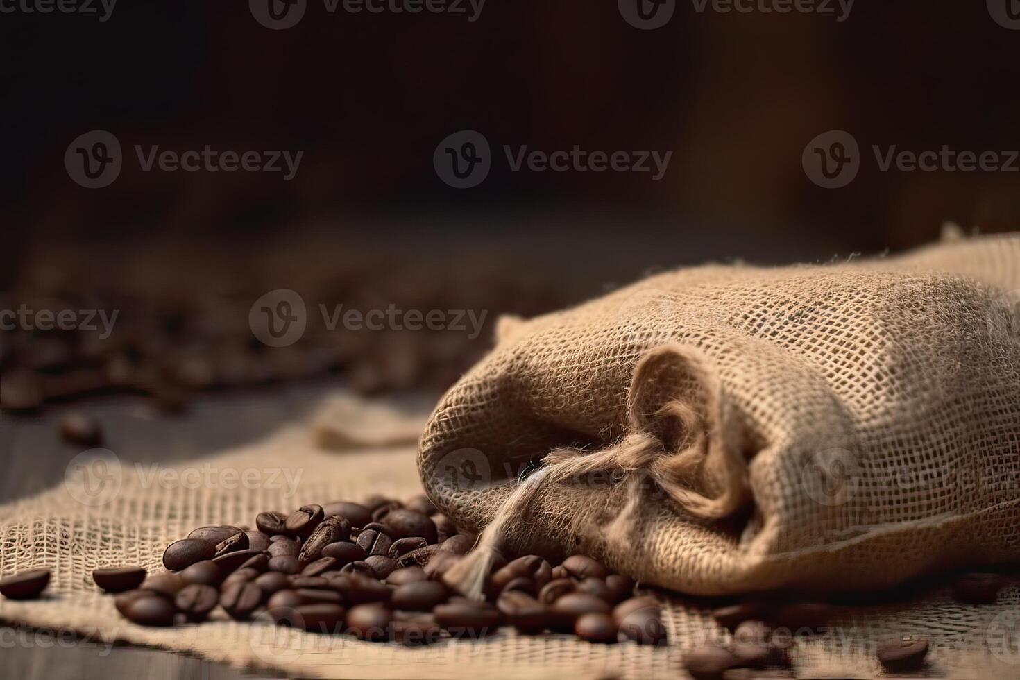 Roasted coffee beans falling in a burlap sack. Sackcloth bag with coffee beans. . photo