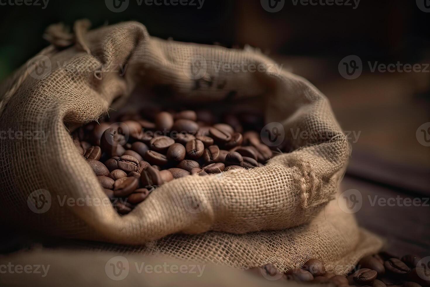 Roasted coffee beans falling in a burlap sack. Sackcloth bag with coffee beans. . photo