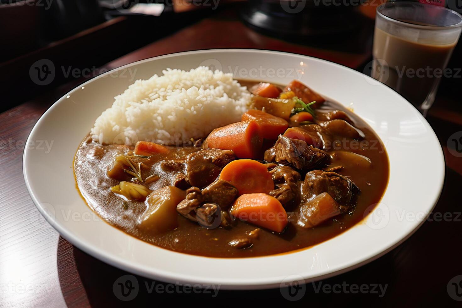 Japanese ordinary curry rice Potatoes, carrots, onions and beef in spicy yellow curry served with steamed rice. photo