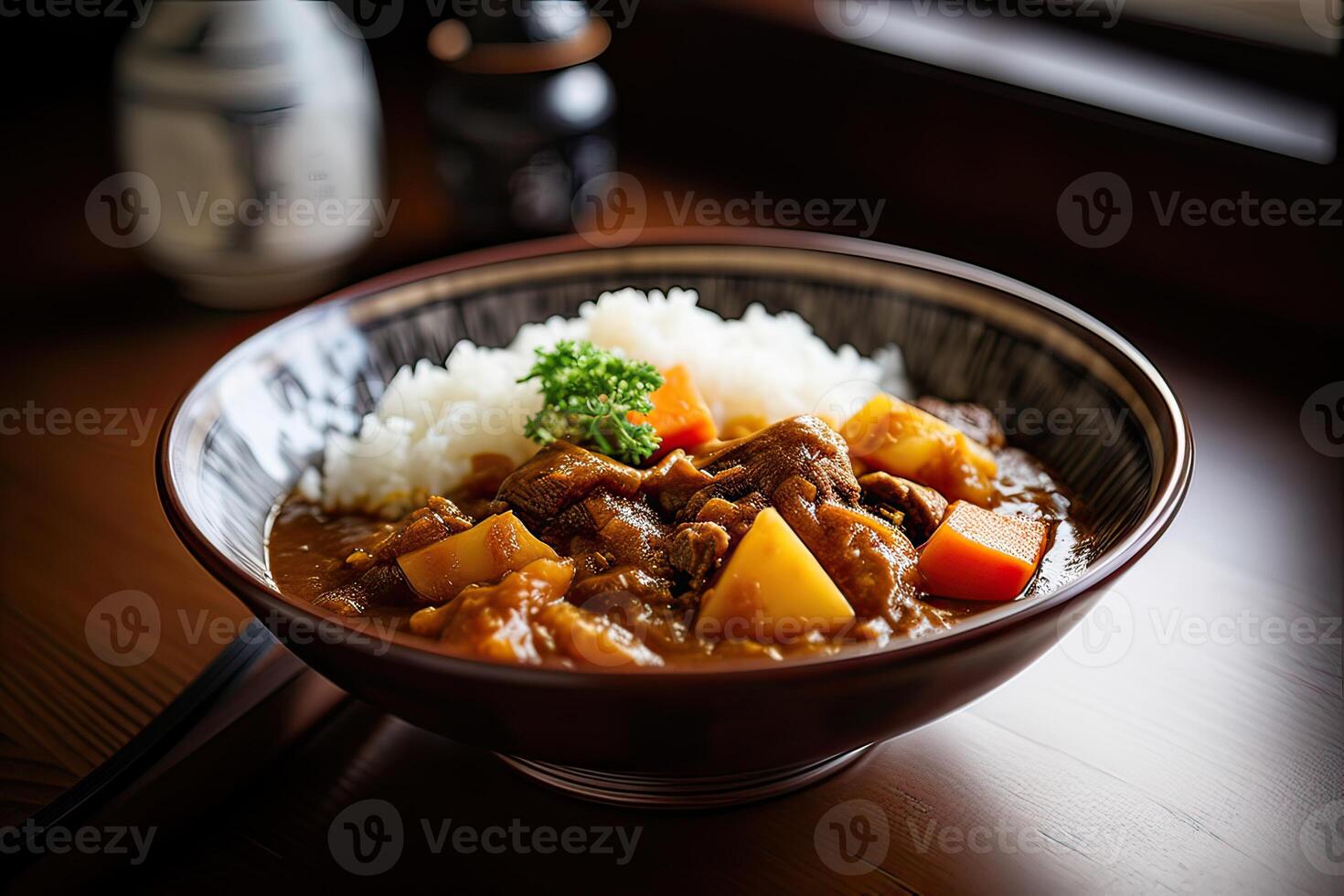 Japanese ordinary curry rice Potatoes, carrots, onions and beef in spicy yellow curry served with steamed rice. photo