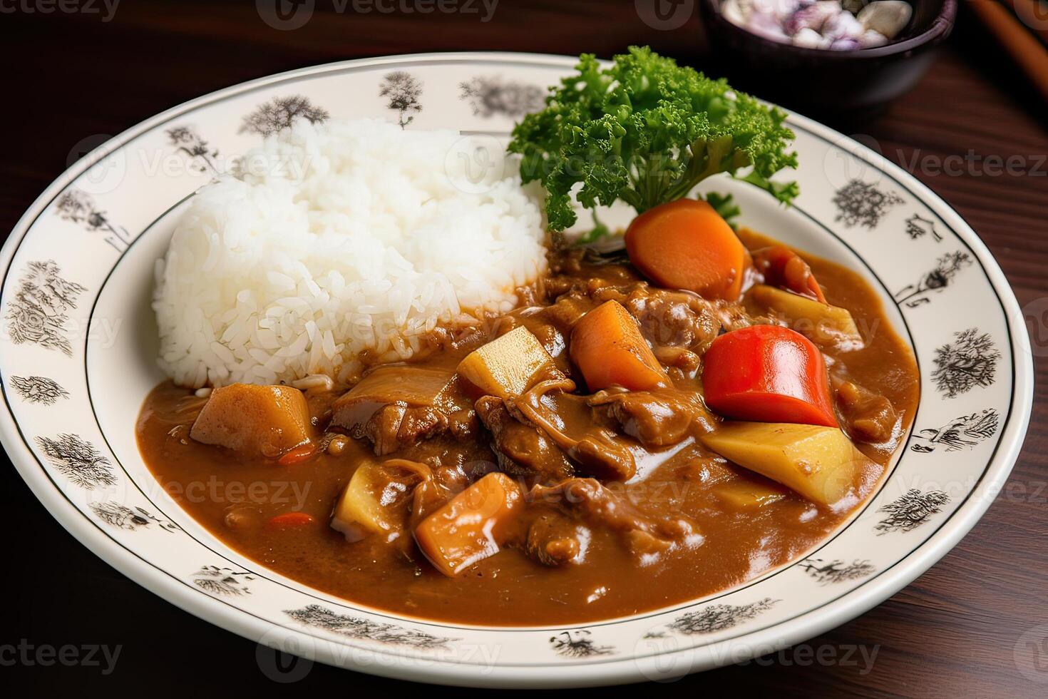 japonés ordinario curry arroz papas, zanahorias, cebollas y carne de vaca en picante amarillo curry servido con al vapor arroz. generativo ai foto