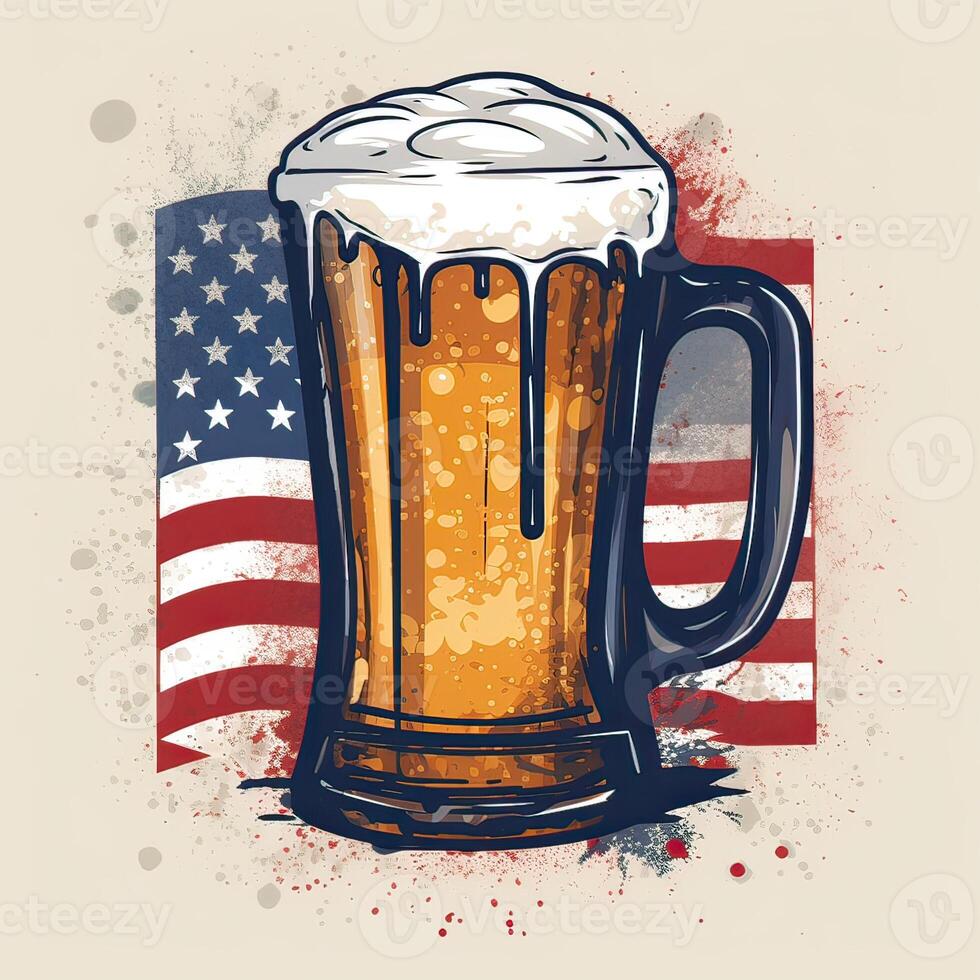 Mug of beer with American flag on dark background. retro Vector illustration. . photo