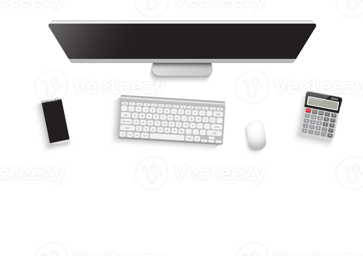 Realistic workplace desktop. Top view desk table, personal computer with keyboard, smartphone png