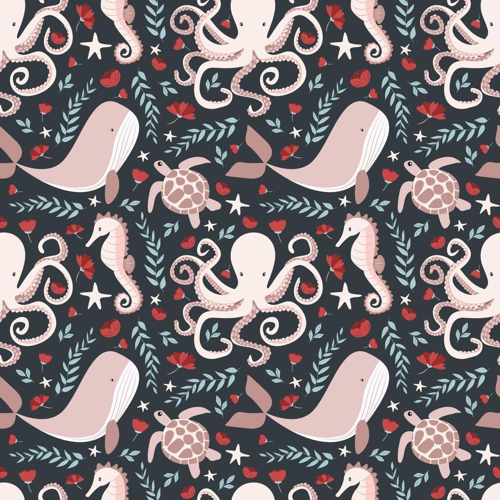 Inhabitants of the ocean whale, turtle, octopus, seahorse. Vector illustration, seamless pattern