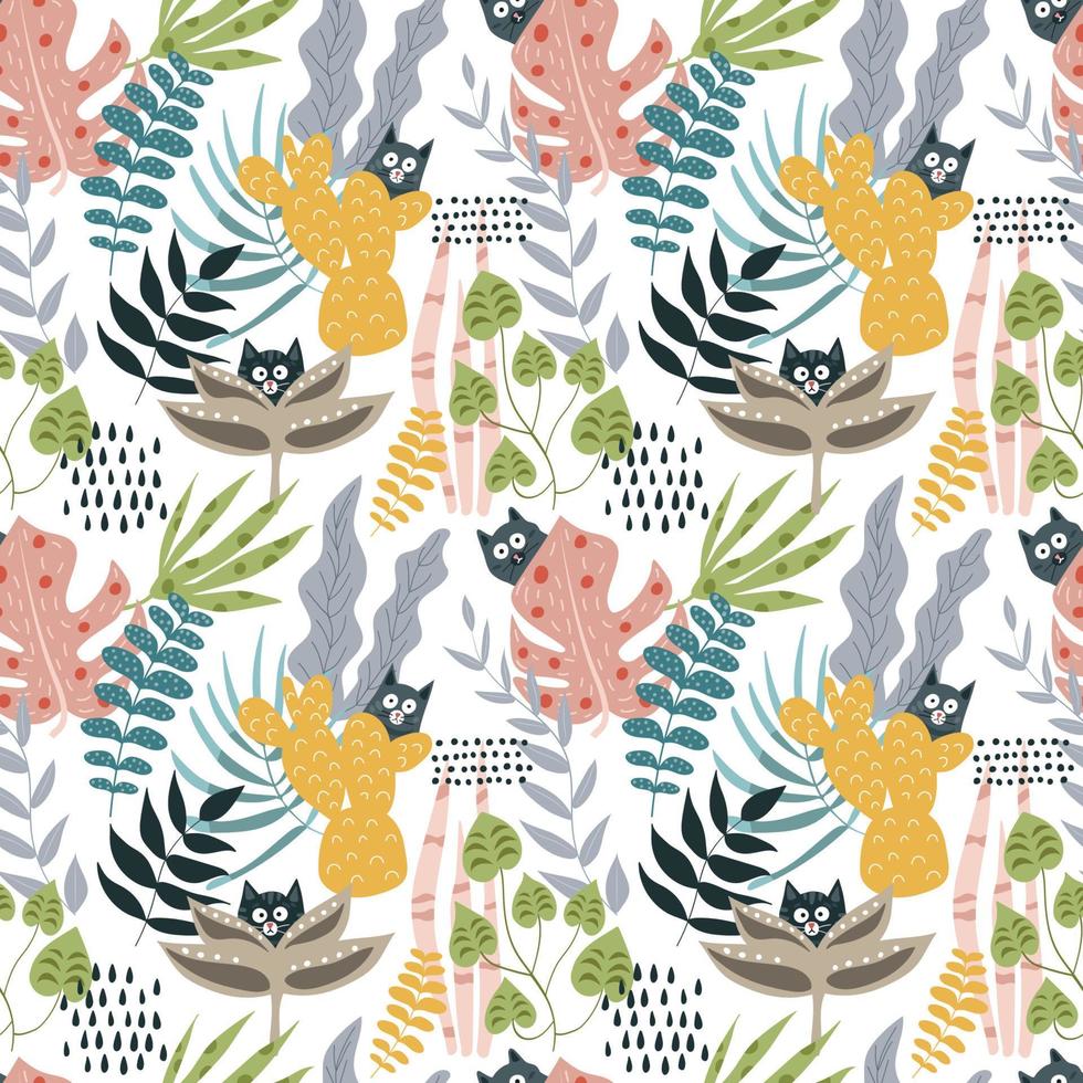The cats are hiding in the jungle. Vector illustration. Seamless pattern