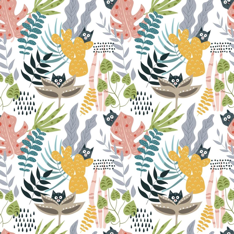 The cats are hiding in the jungle. Vector illustration. Seamless pattern