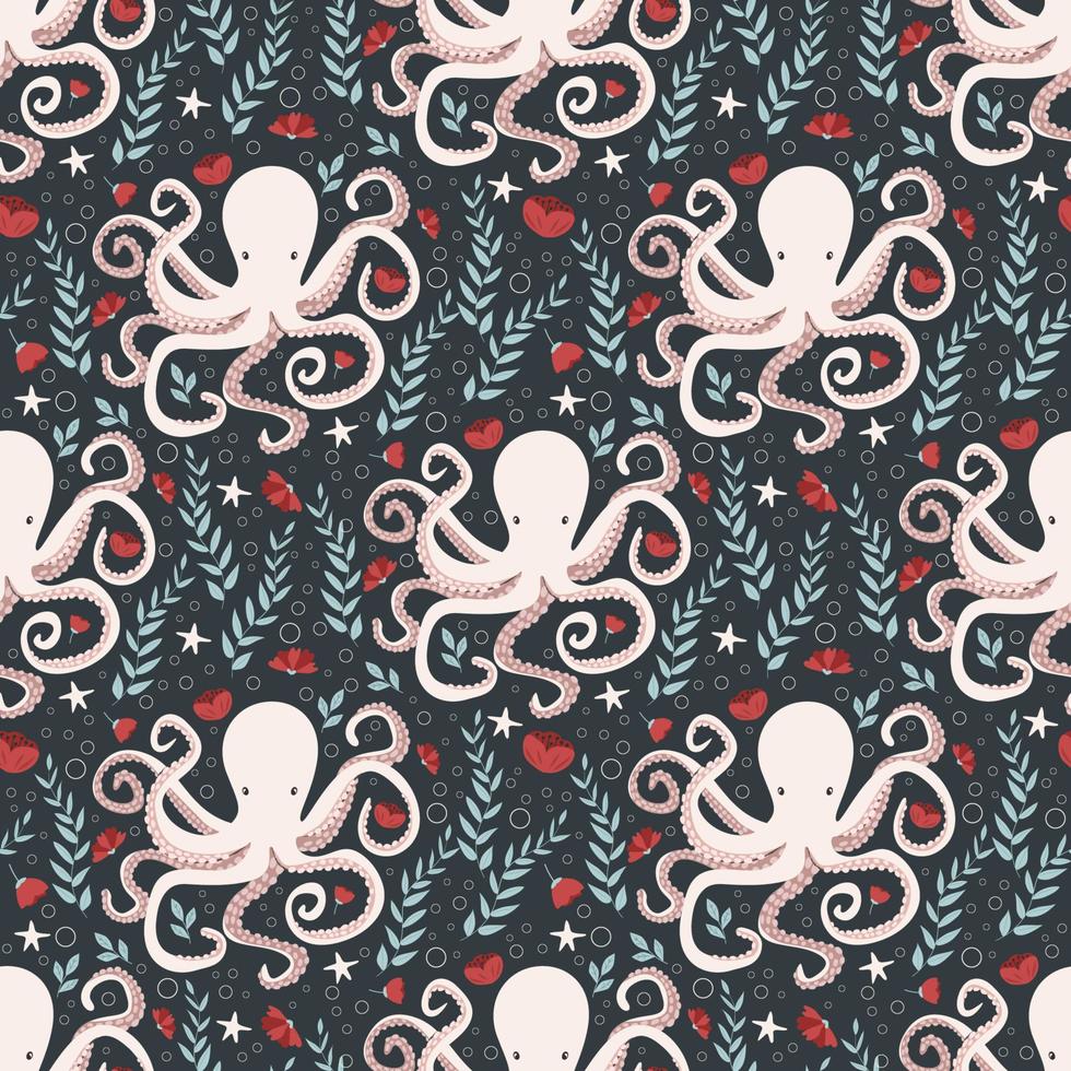 Octopus and flowers. Vector illustration, seamless pattern