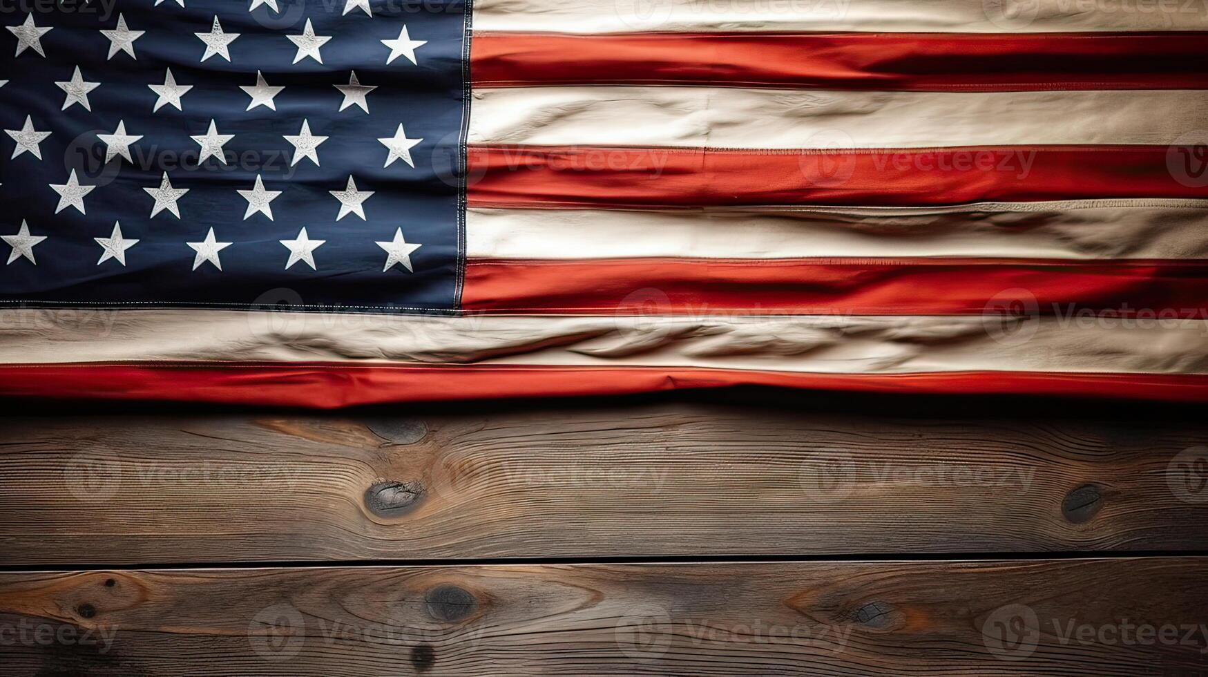 Top view overhead America United States flag, memorial remembrance and thank you of hero, studio shot with copy space on wooden table background, USA holiday or Independence day concept. photo