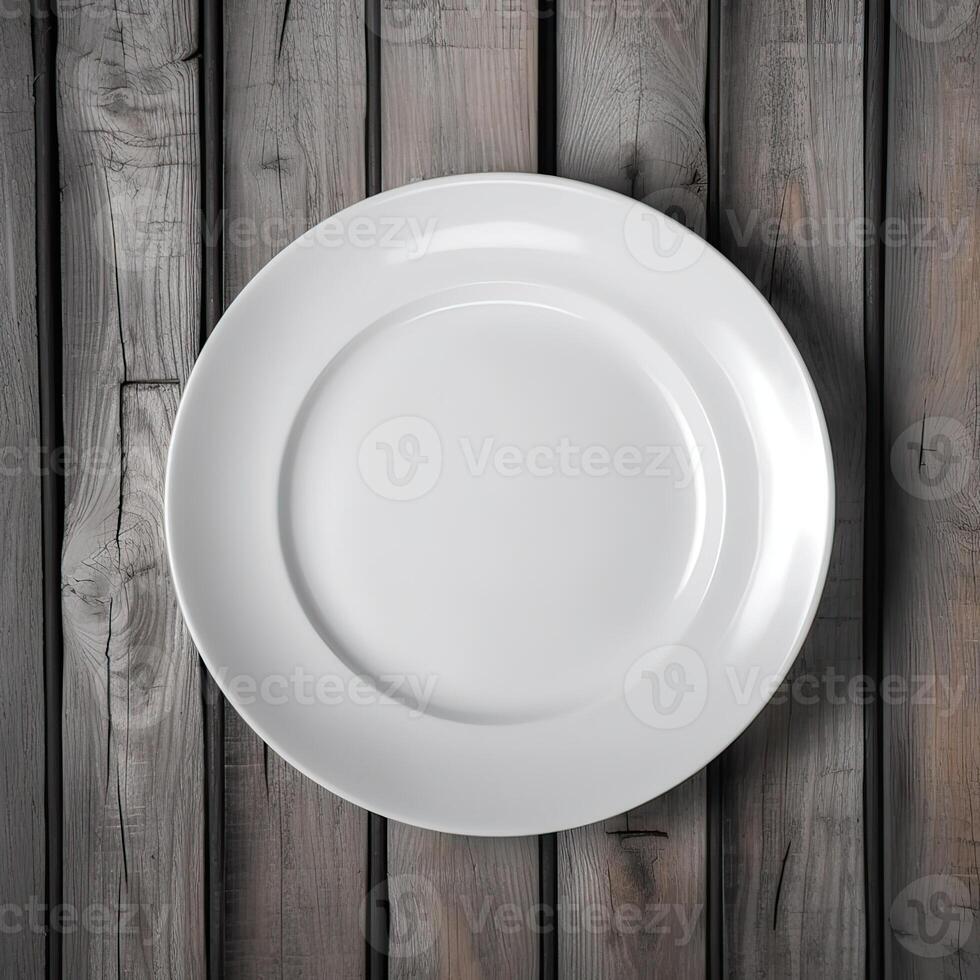 un vacío plato en un blanco de madera mesa. parte superior ver de blanco cerámico plato en blanco de madera. generativo ai. foto