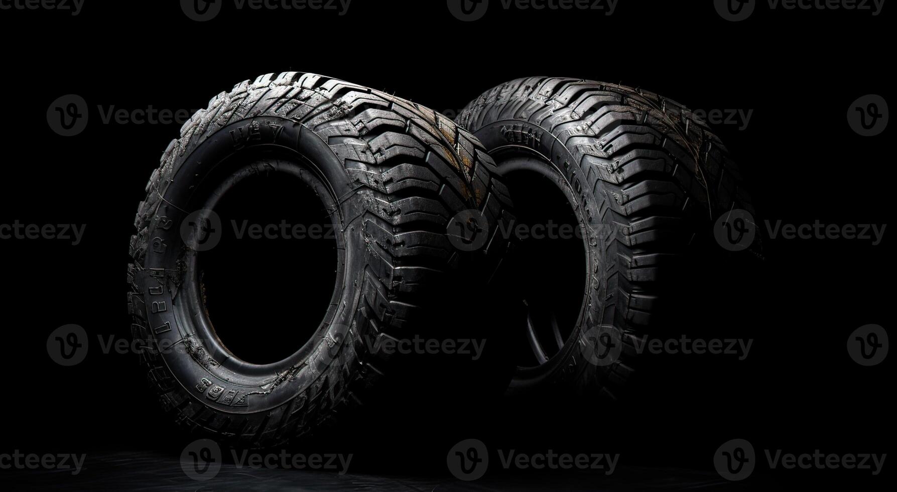 New car tires. Group of road wheels on dark background. Summer Tires with asymmetric tread design. Driving car concept. . photo