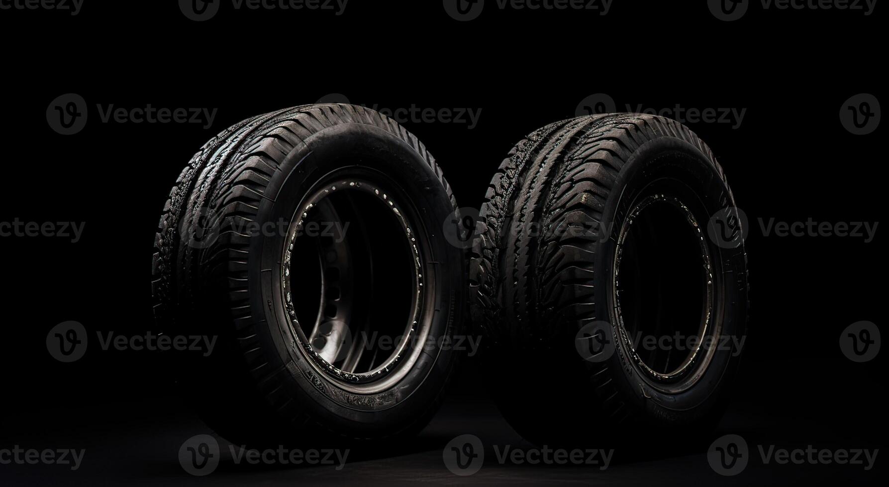 New car tires. Group of road wheels on dark background. Summer Tires with asymmetric tread design. Driving car concept. . photo