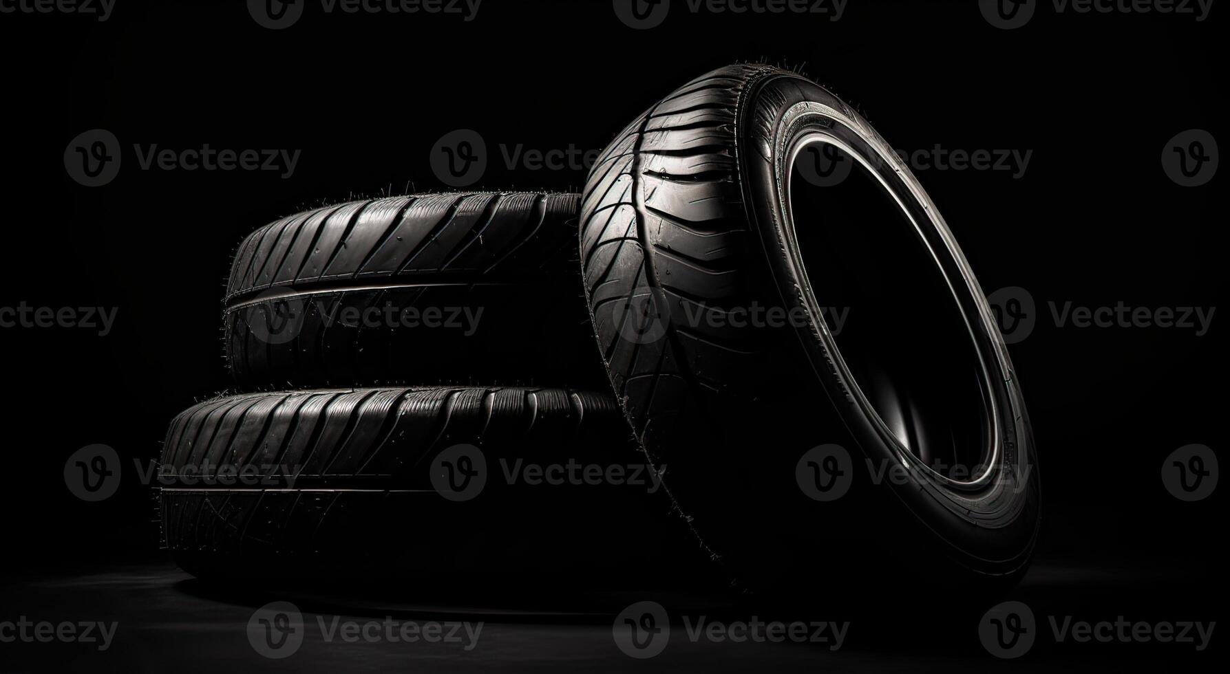 New car tires. Group of road wheels on dark background. Summer Tires with asymmetric tread design. Driving car concept. . photo