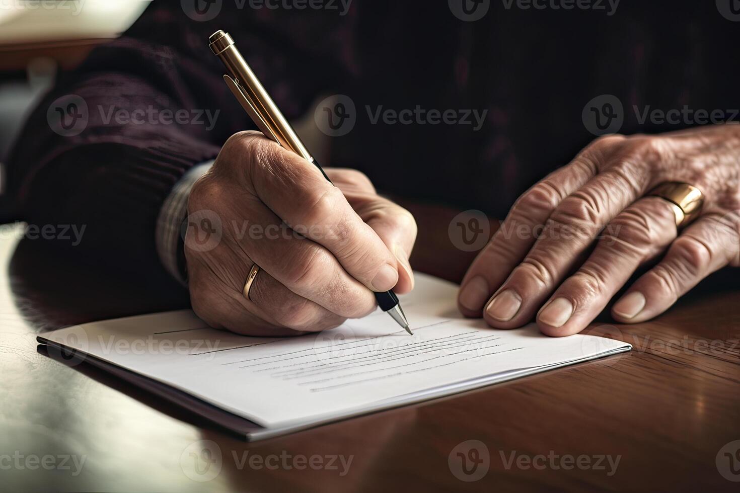 Close-up Of Businessperson Signing Contract, writing paper at the desk with pen and reading books at table with basic business Form document working in office. . photo