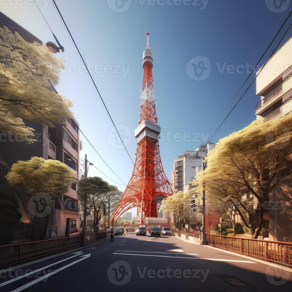 Tokyo Tower in close up view with clear blue sky, famous landmark of Tokyo, Japan. . photo