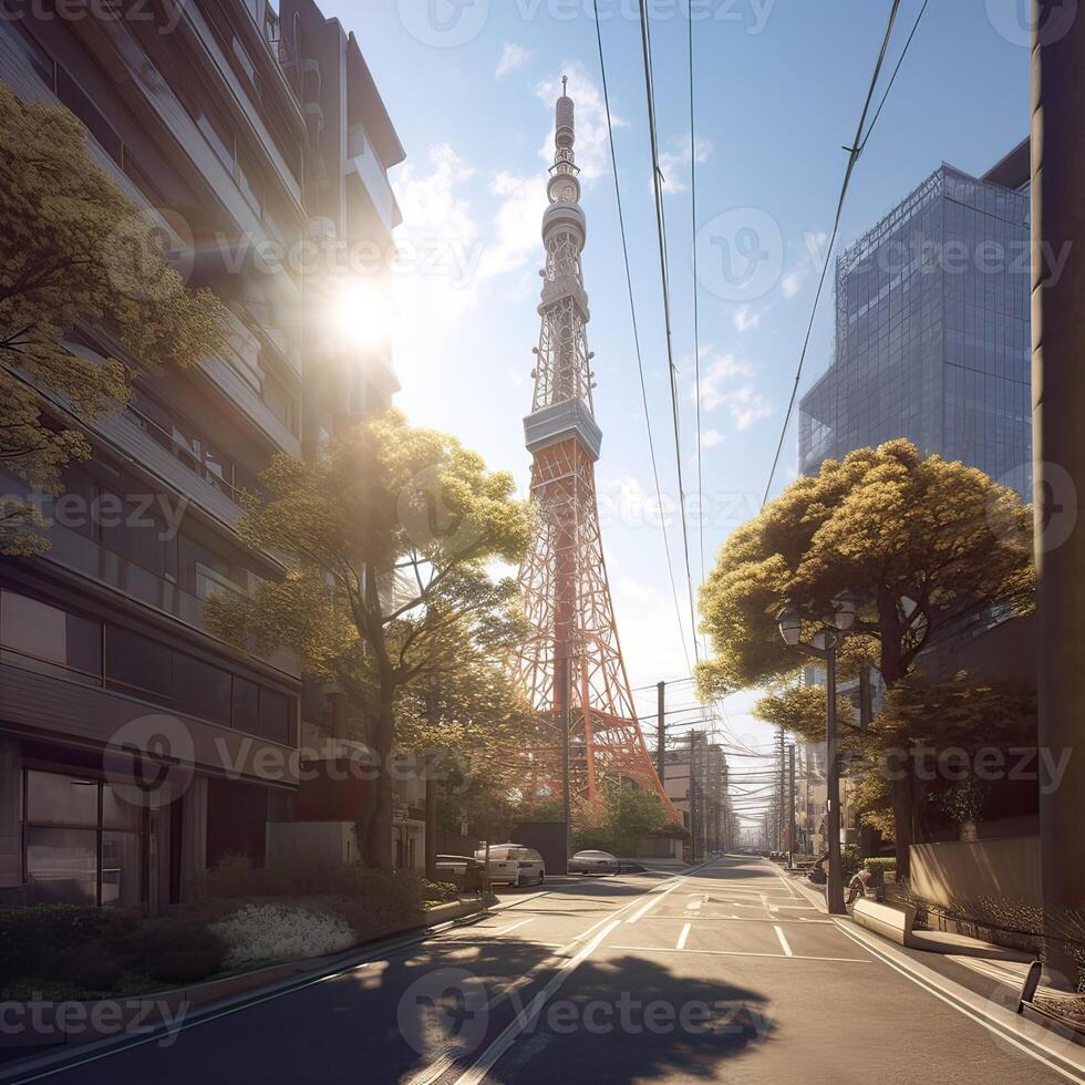 Tokyo Tower in close up view with clear blue sky, famous landmark of Tokyo, Japan. . photo