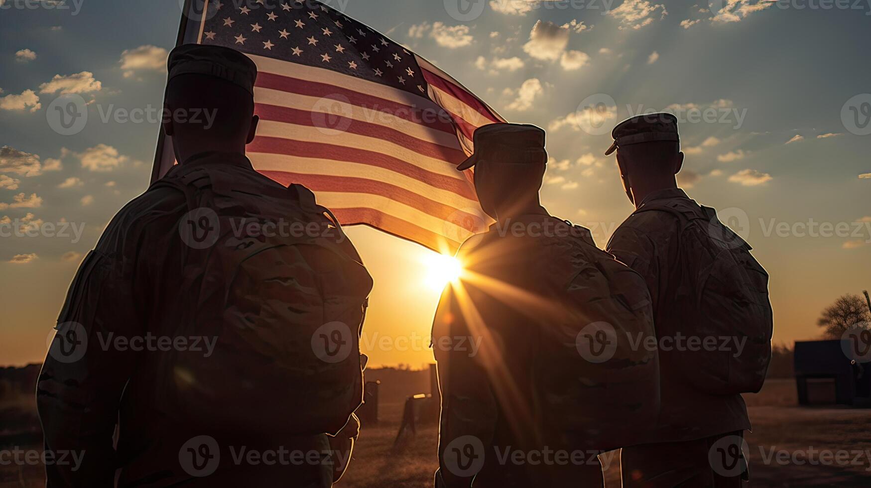 USA army soldier with nation flag. Greeting card for Veterans Day , Memorial Day, Independence Day . America celebration. . photo