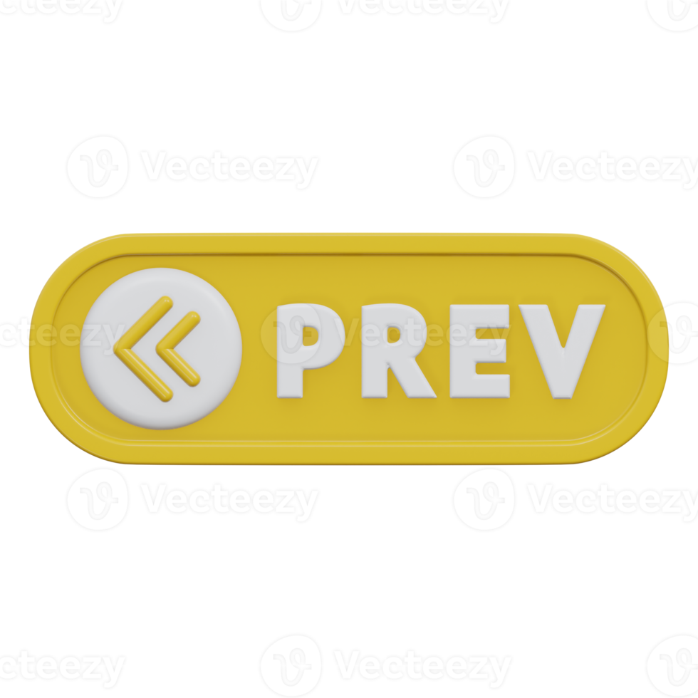 previous button 3d render, transparent background, click button png