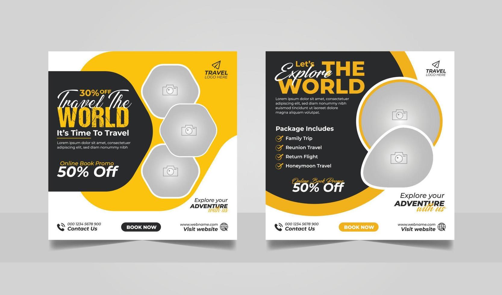Travel tour promotion banner travelling business social media post or tourism marketing square flyer template. vector