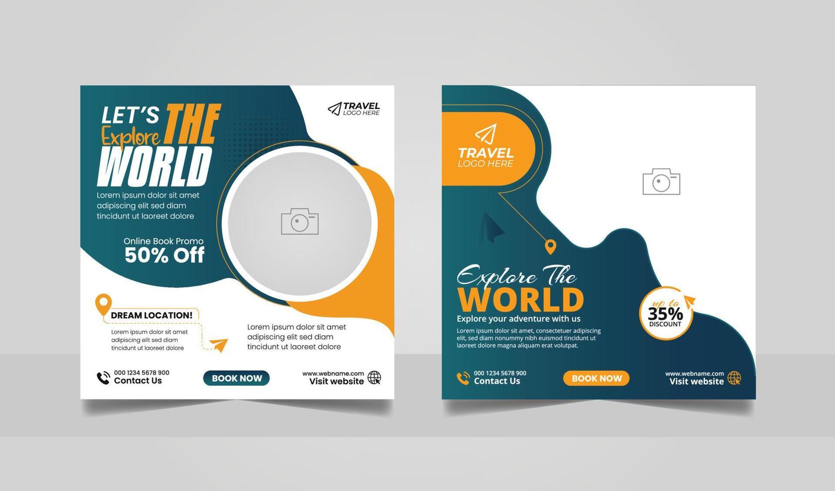 Travel tour promotion banner travelling business social media post or tourism marketing square flyer template. vector