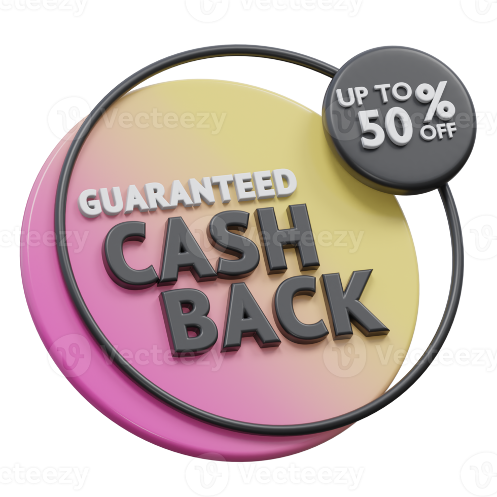 guaranteed cash back upto 50 percent 3d render, transparent background, cash back badge png