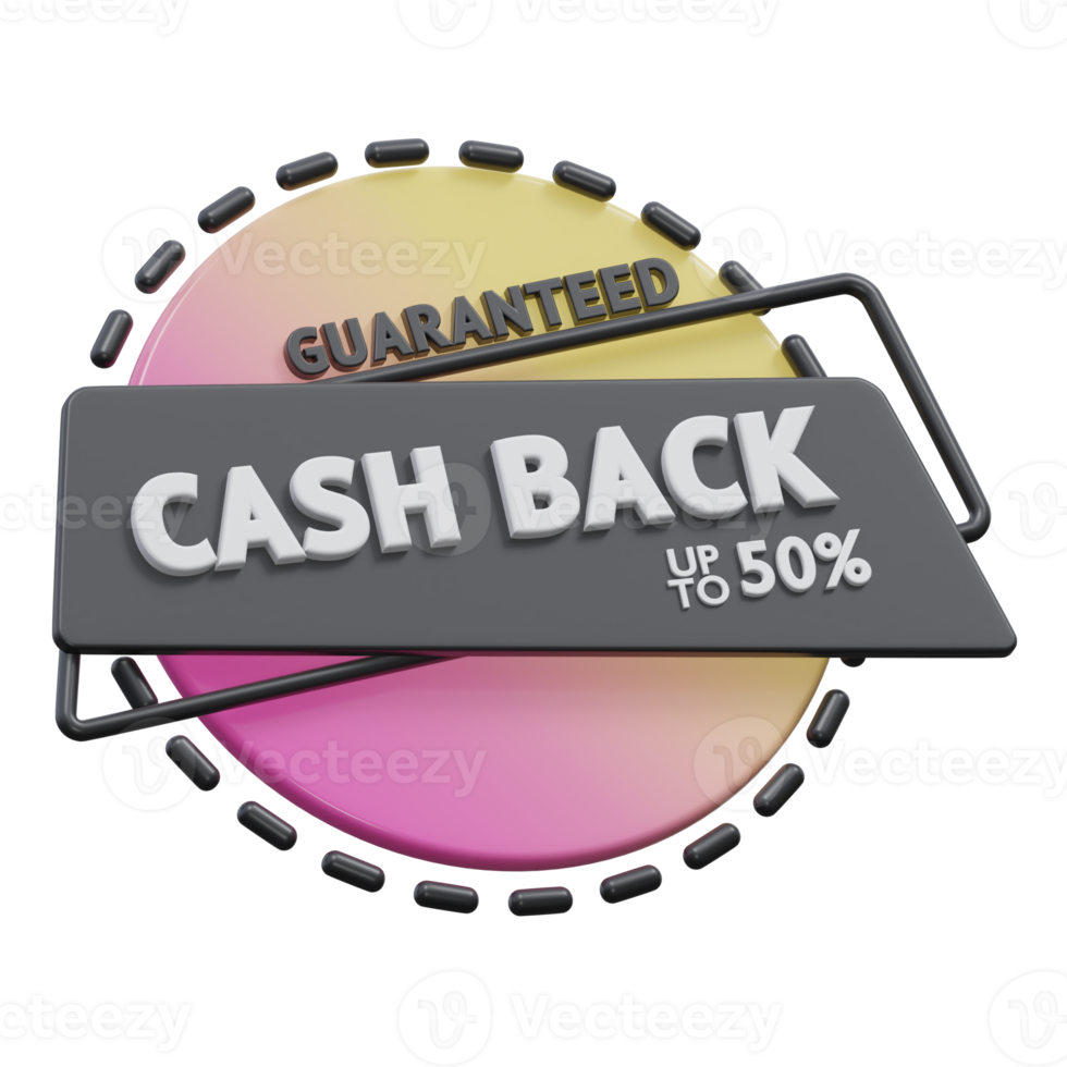 guaranteed cash back upto 50 percent 3d render, transparent background, cash back badge png
