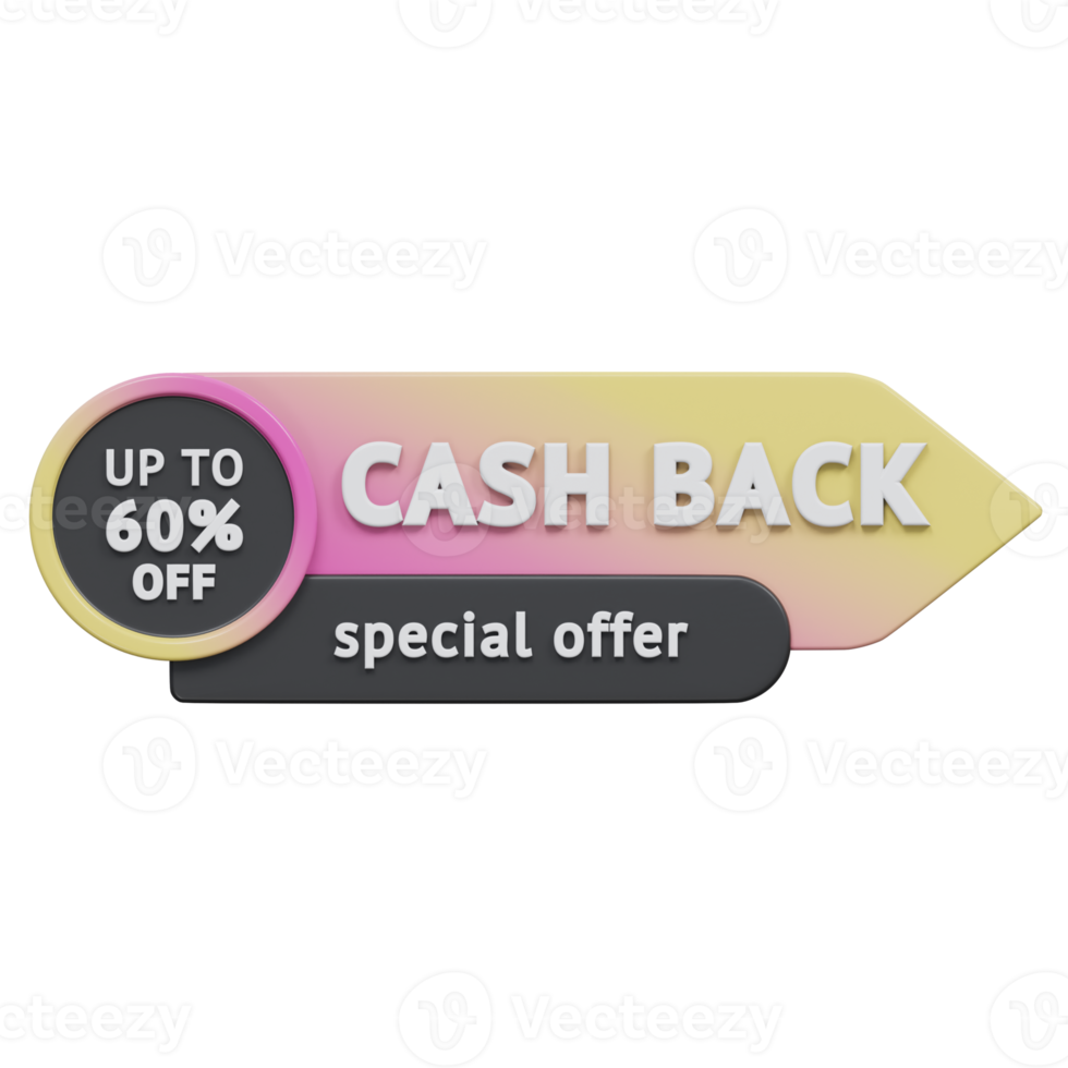 special offer cash back upto 60 percent 3d render, transparent background, cash back badge png