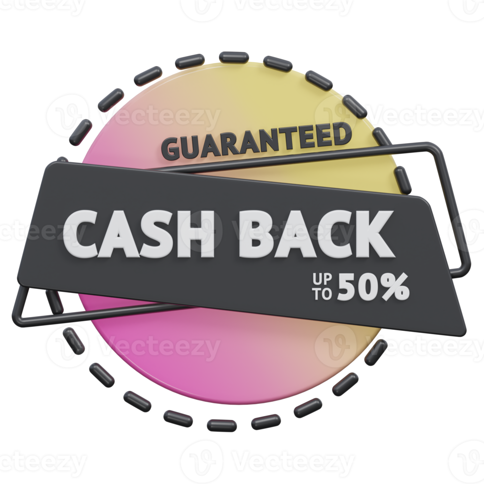 guaranteed cash back upto 50 percent 3d render, transparent background, cash back badge png