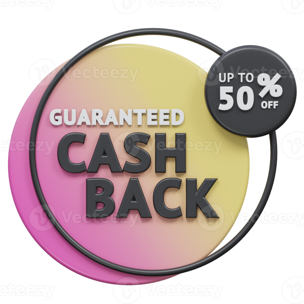 guaranteed cash back upto 50 percent 3d render, transparent background, cash back badge png