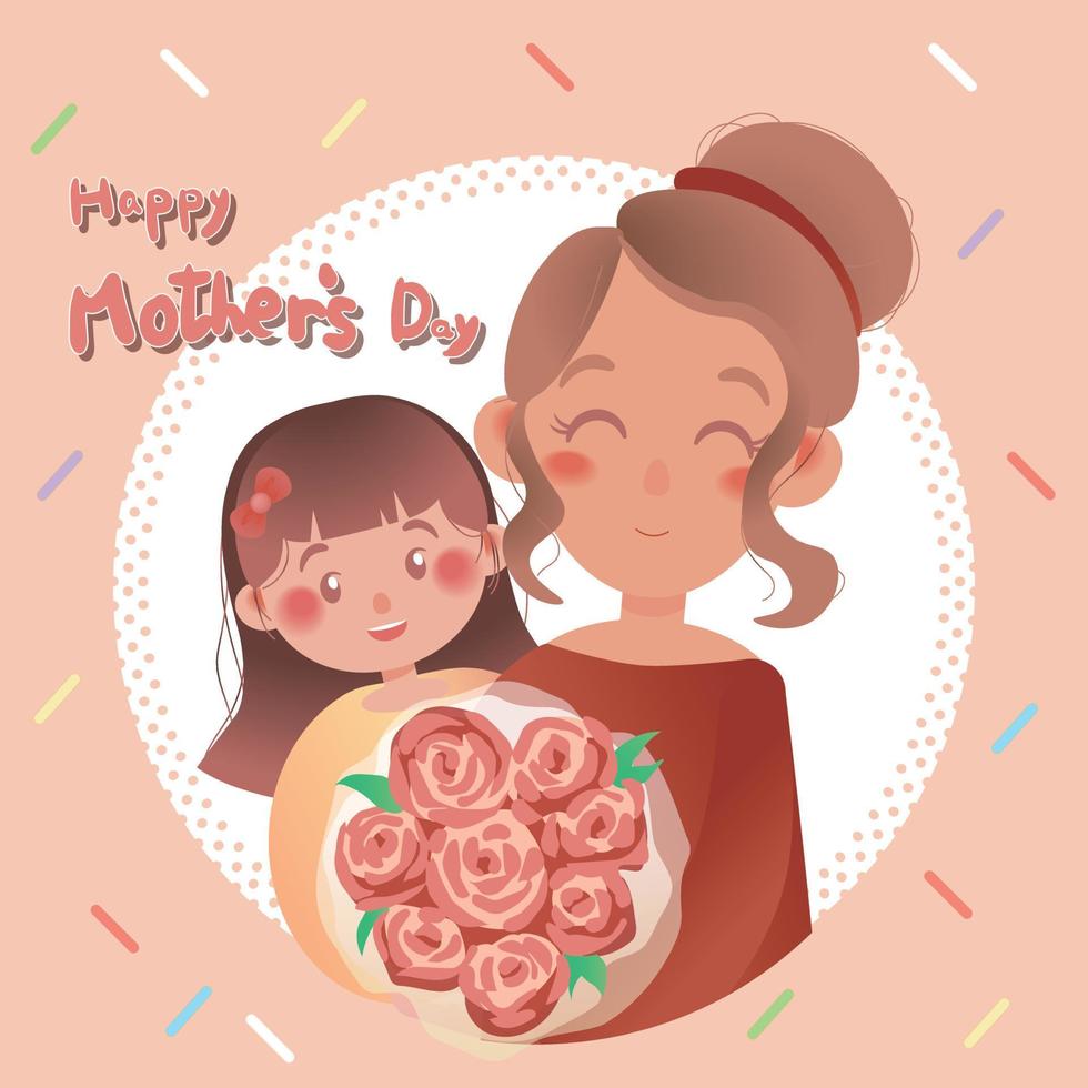 happy mother's day, mother and daughter holding bouquet vector