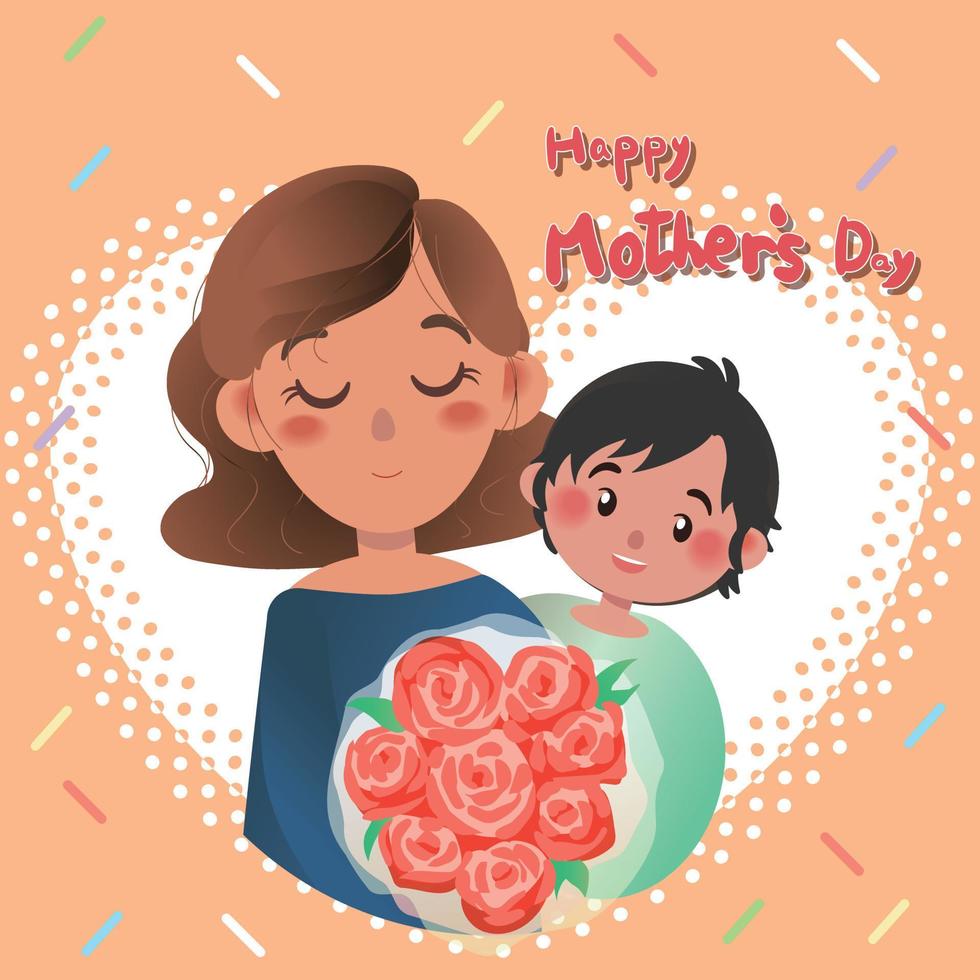 happy mother's day, mother and son holding bouquet vector