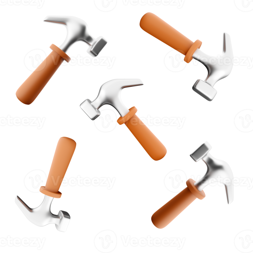 3d rendering hammer icon set. 3d render a wooden block placed at a right angle on the handle, used to hammer something, strike something icon set. png