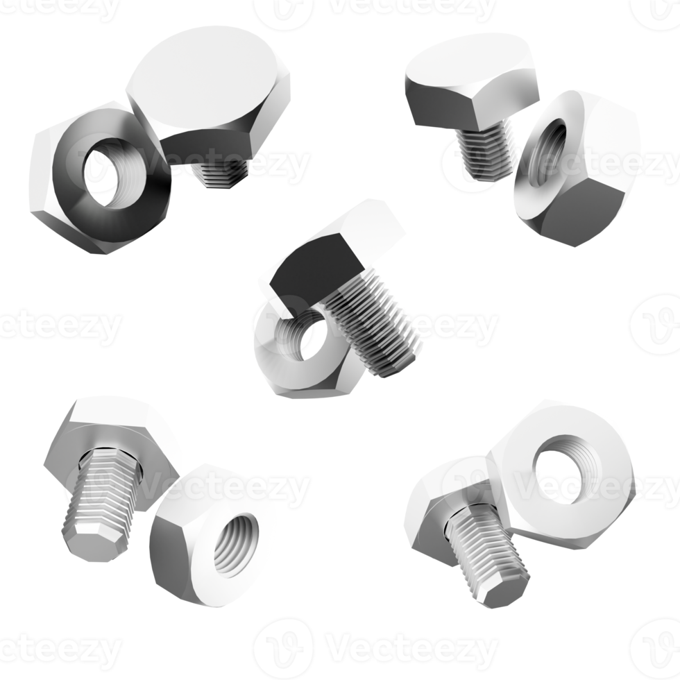 3d rendering nuts and bolts icon set. 3d render Metal rod with a screw thread at the end for fastening detachable connections different positions icon set. png