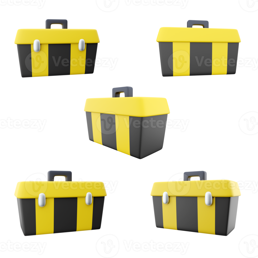 3d tolkning verktyg låda gul och svart Färg ikon uppsättning. 3d framställa låda till organisera, bära och skydda de ägare verktyg annorlunda positioner ikon uppsättning. png