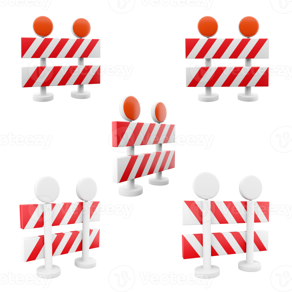 3d rendering under construction, warning barrier icon set. 3d render product that is a redirection of vehicular traffic different positions icon set. png