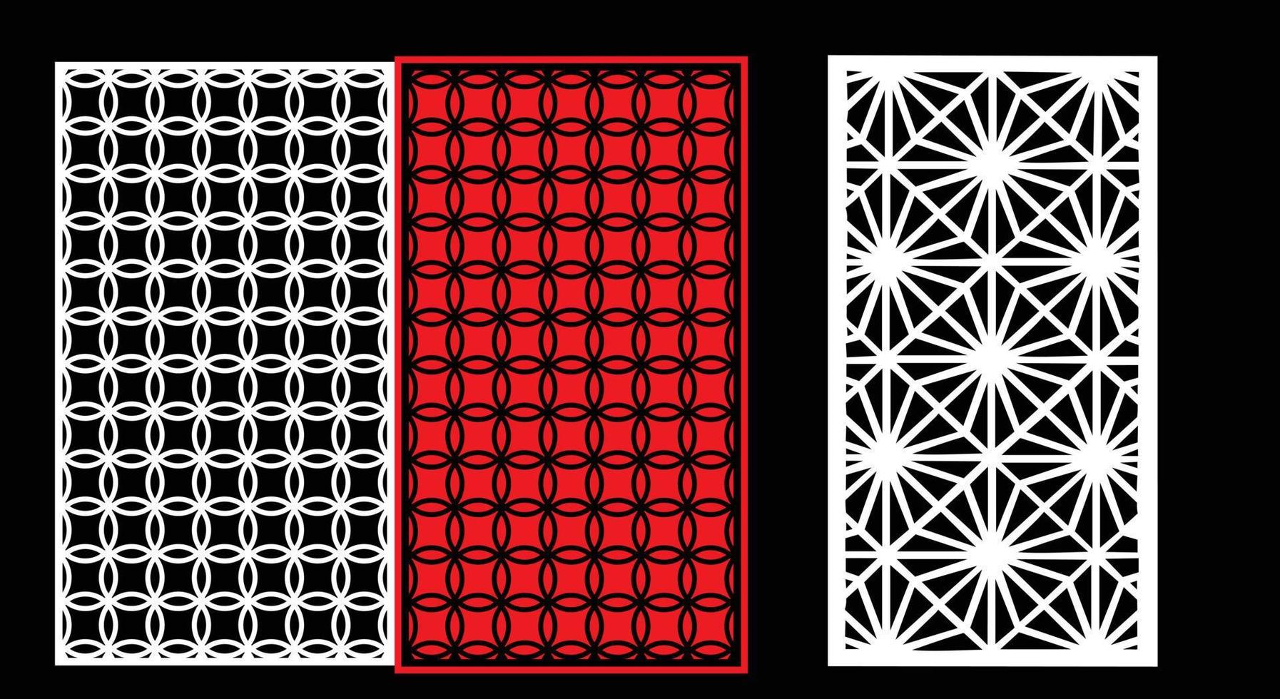 Decorative wall panels set Jali design CNC pattern, laser cutting pattern, router CNCcutting.Jali Laser cut decorative panel set with lace pattern. vector