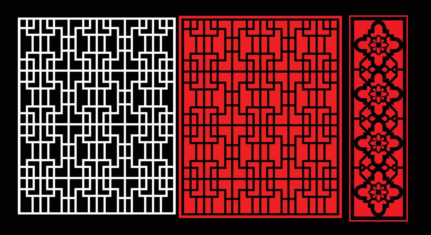 Decorative wall panels set Jali design CNC pattern, laser cutting pattern, router CNCcutting.Jali Laser cut decorative panel set with lace pattern. vector