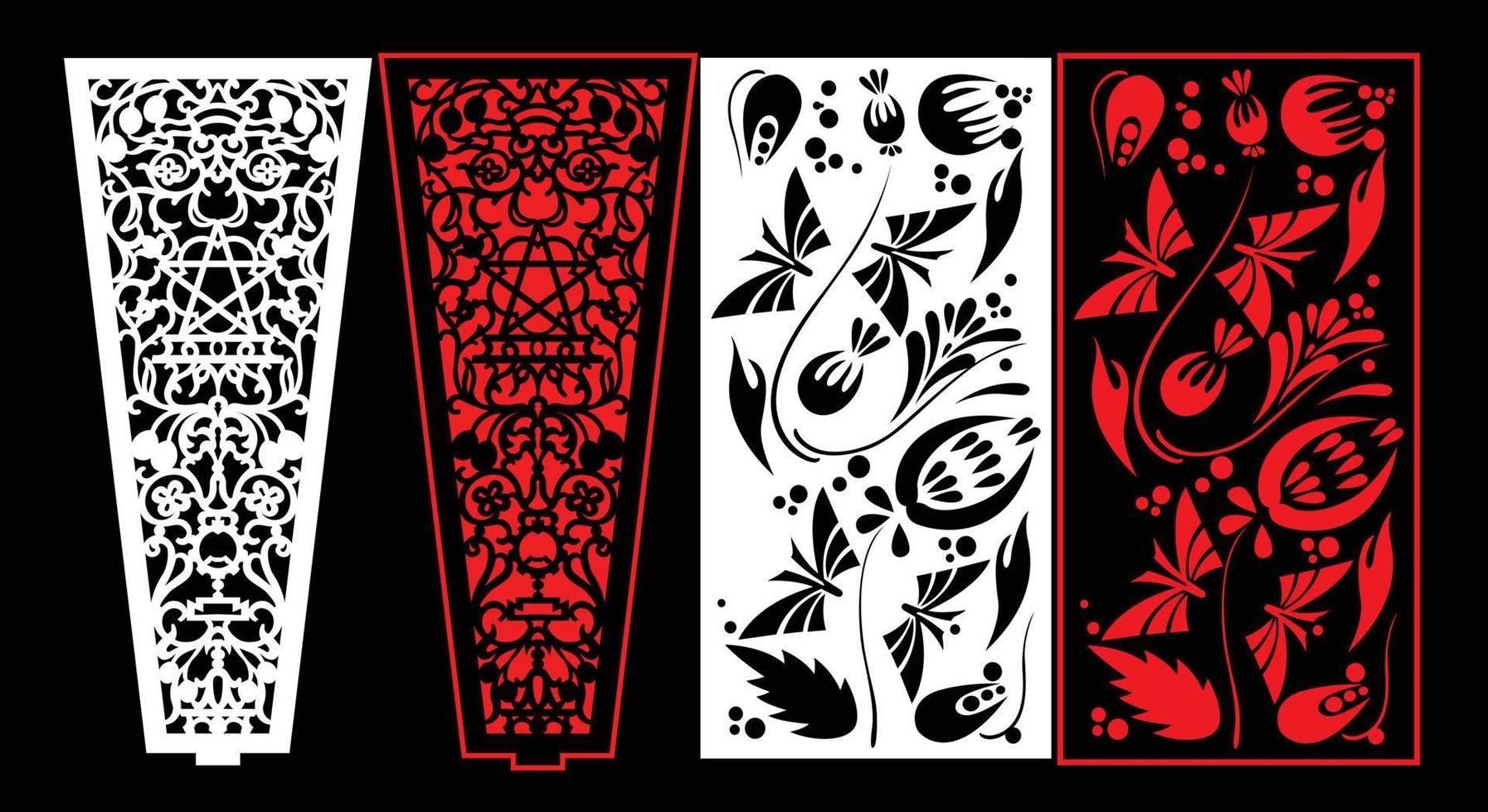 Decorative wall panels set Jali design CNC pattern, laser cutting pattern, router CNCcutting.Jali Laser cut decorative panel set with lace pattern. vector