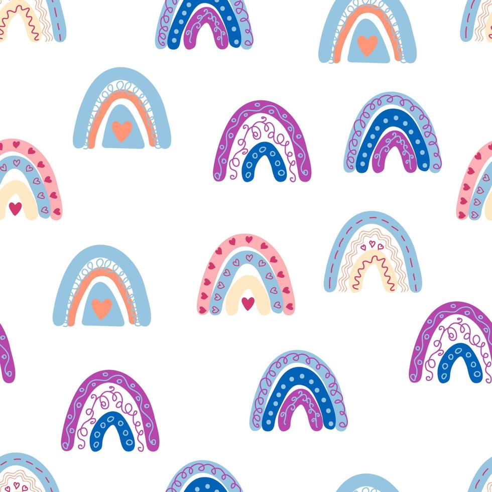 Seamless pattern graceful rainbows in boho colors. Scandinavian baby hand style for newborns. vector