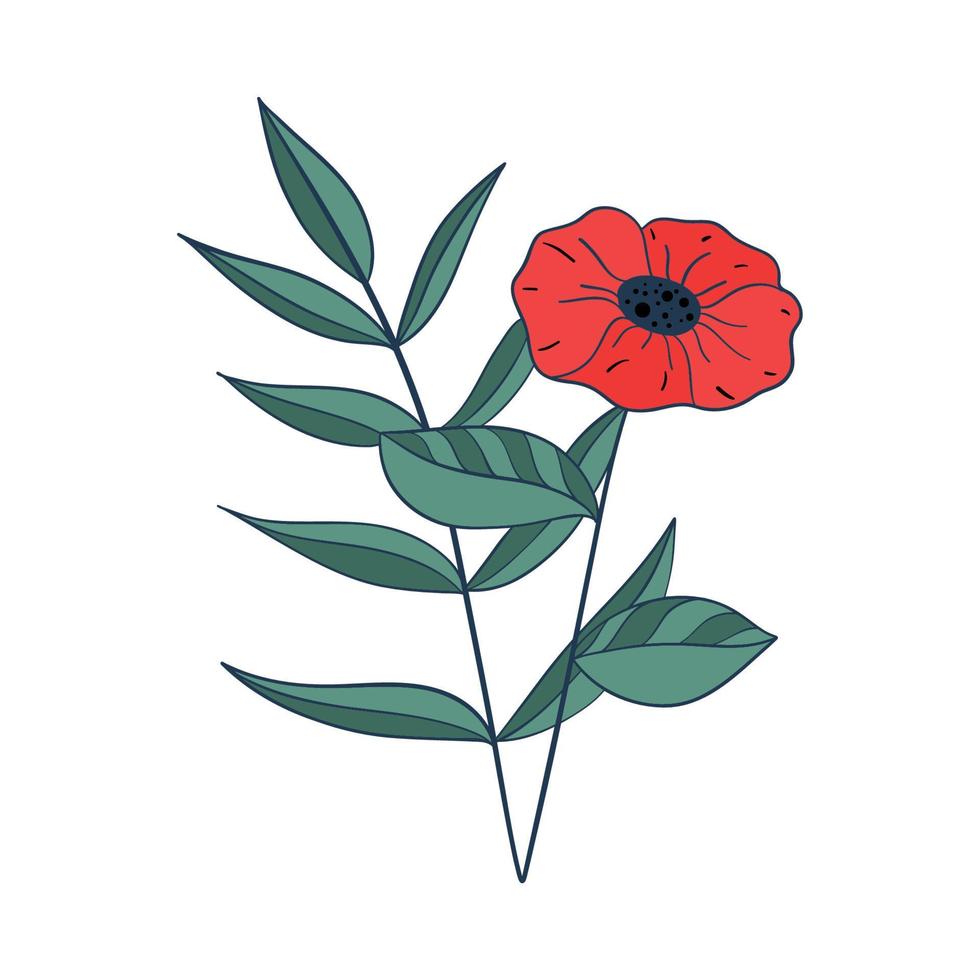 Vector illustration of a bright poppy flower. Remembrance day symbol. Lest we forget lettering.