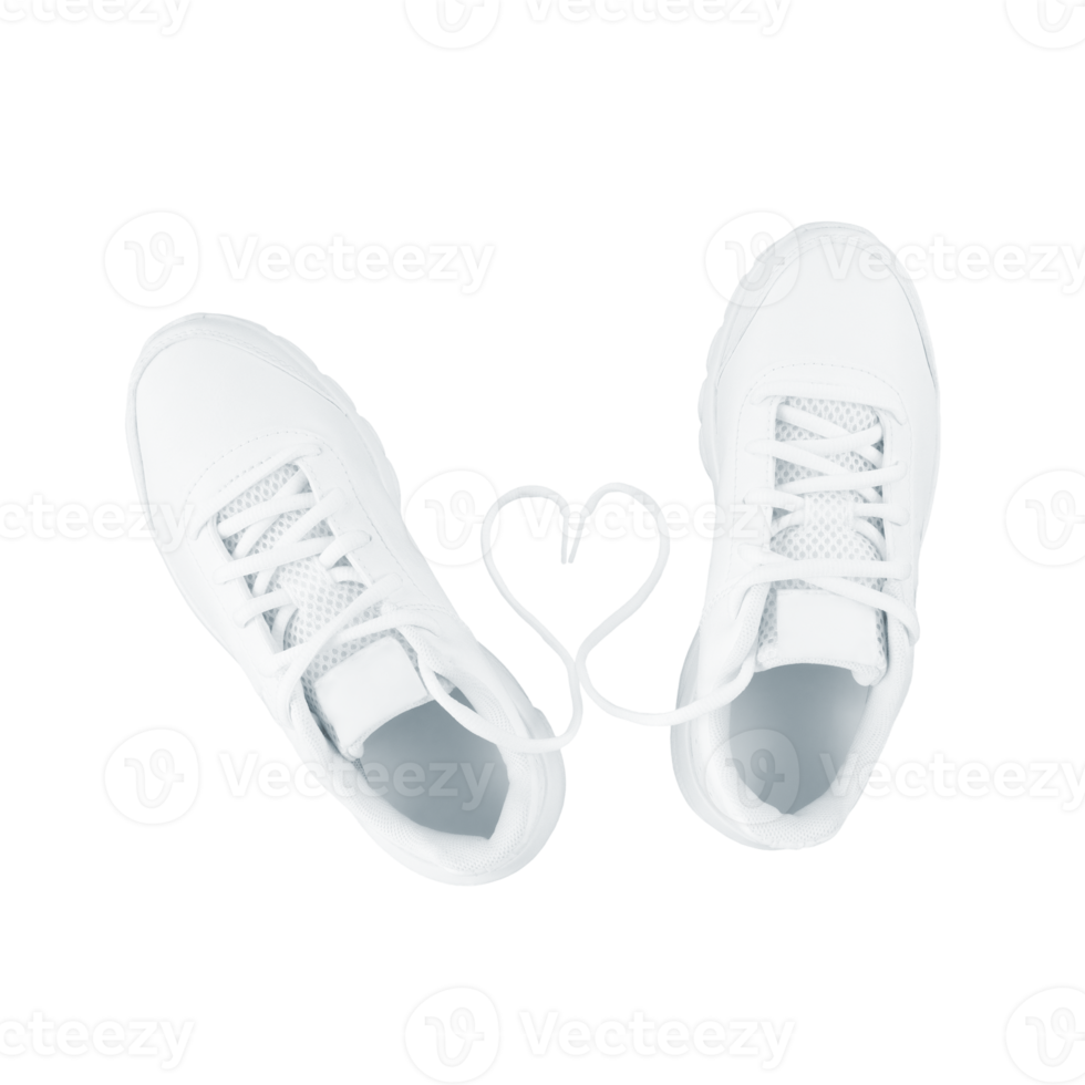 White sport shoes and heart shape from laces isolated on transparent background. Stock photo png