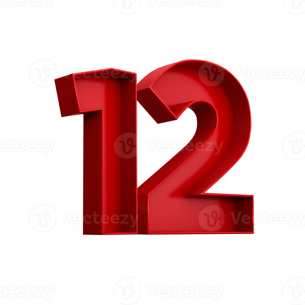 3d illustration of red number 12 or Twelve inner shadow png