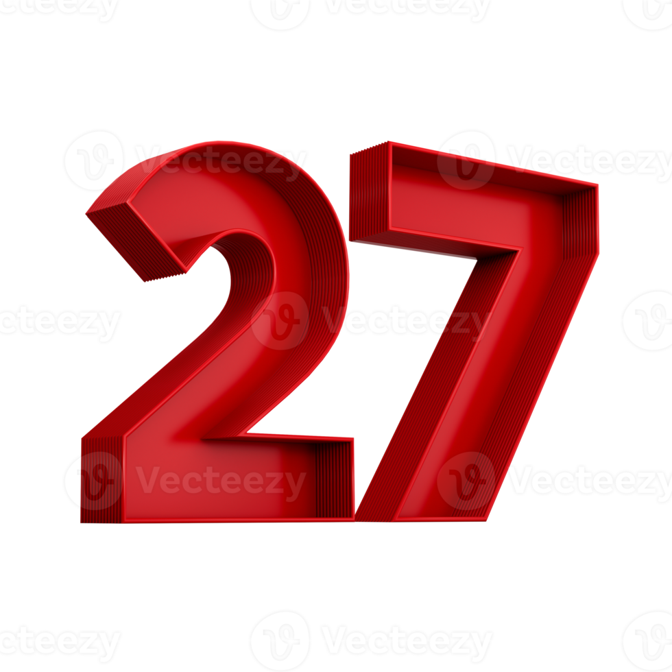 3d illustration of red number 27 or Twenty Seven inner shadow png