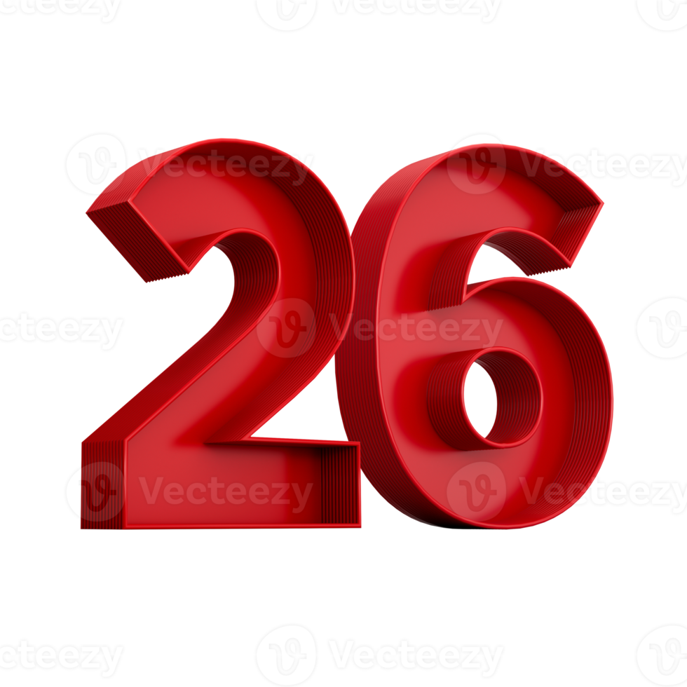 3d illustration of red number 26 or Twenty SIx inner shadow png