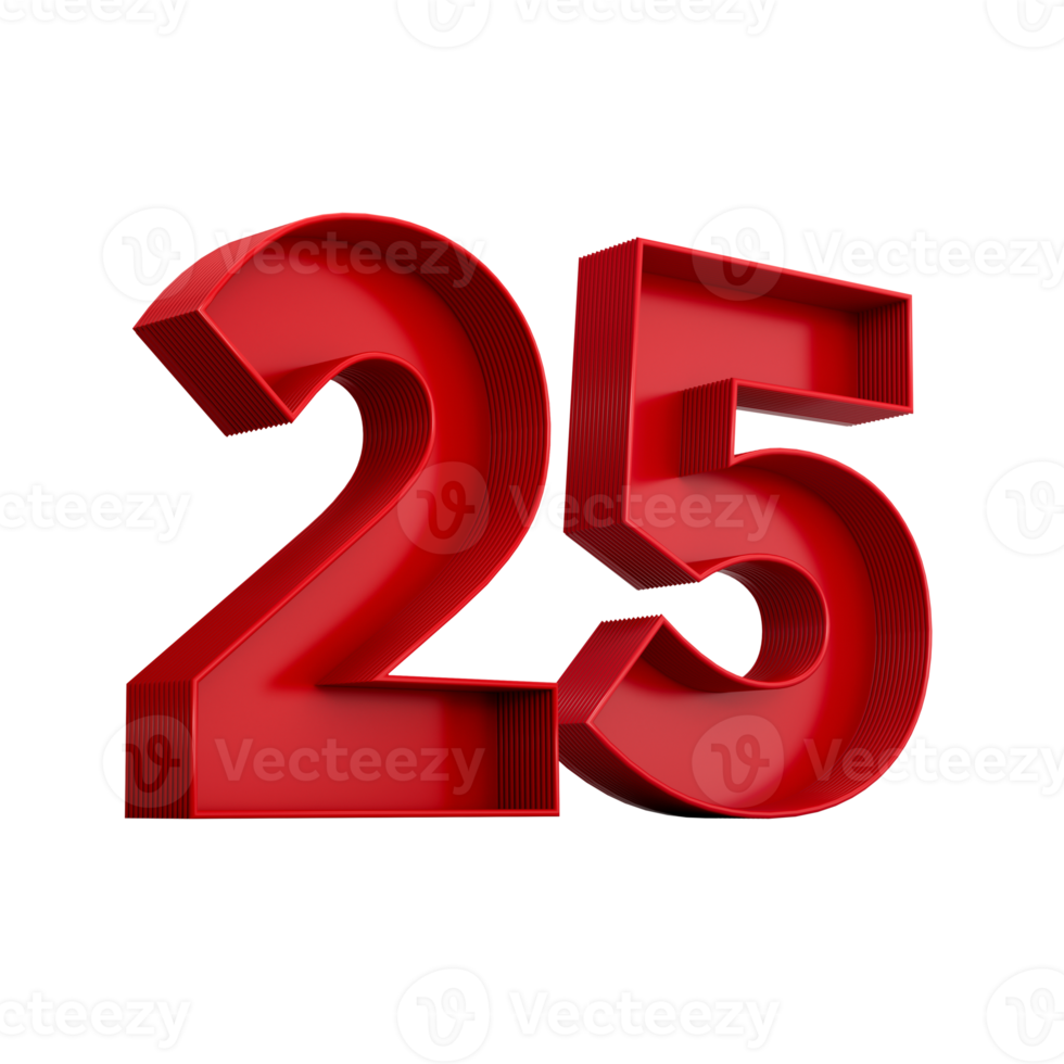 3d illustration of red number 25 or Twenty Five inner shadow png