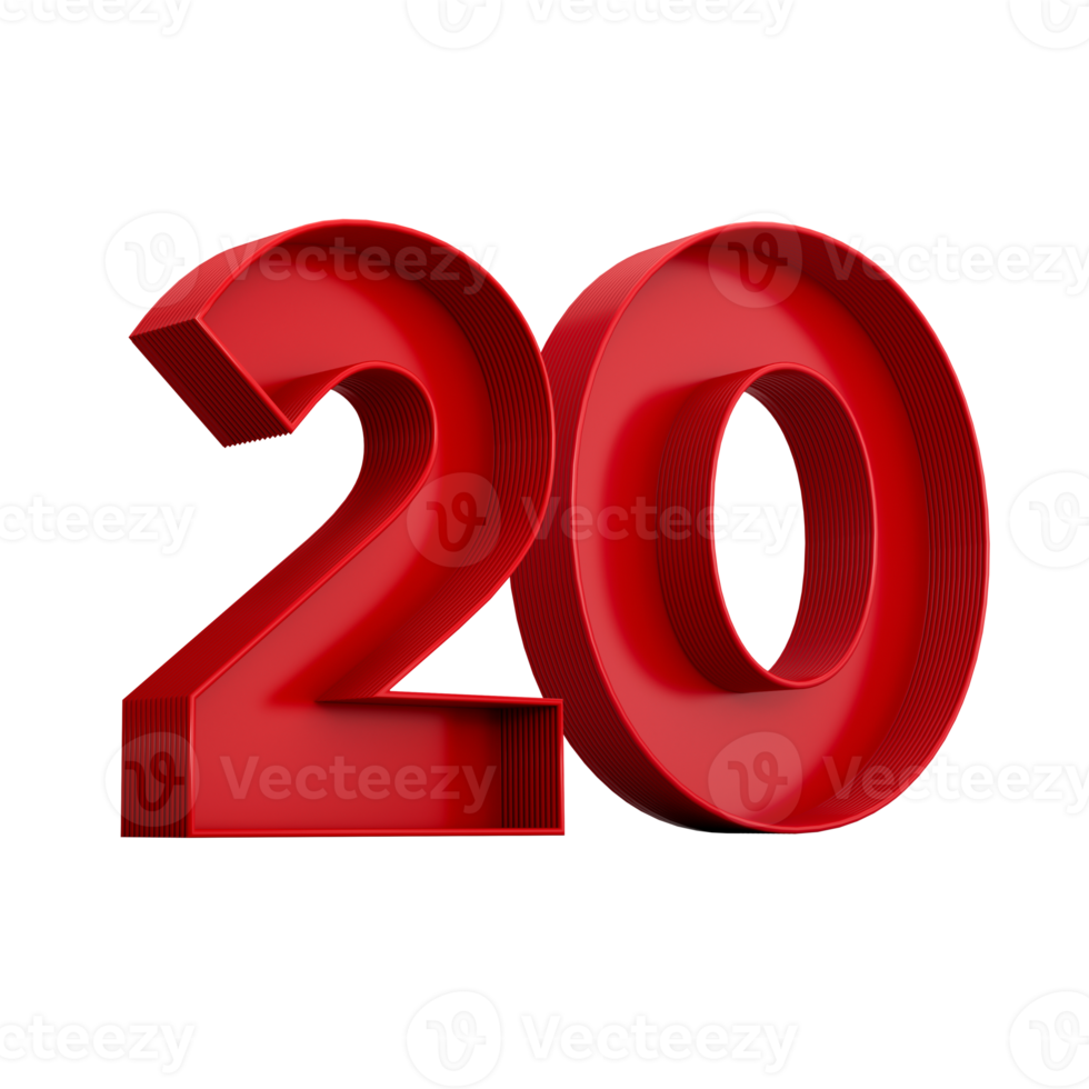 3d illustration of red number 20 or Twenty inner shadow png