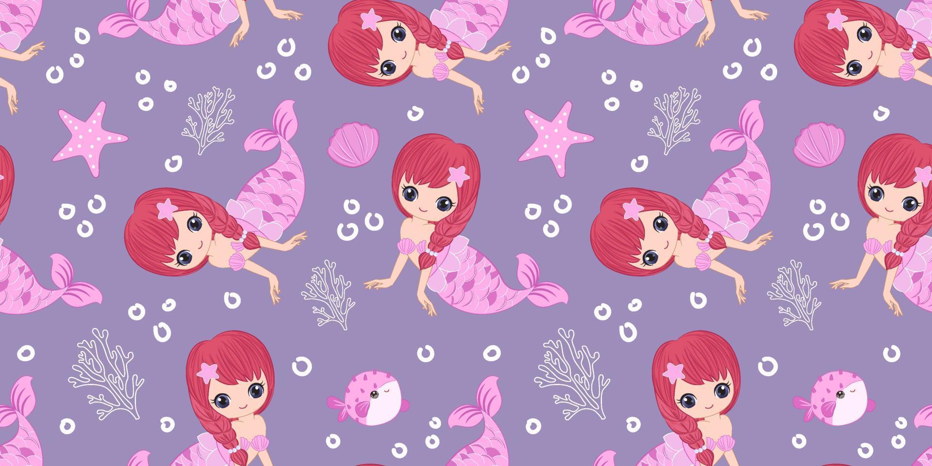 Cute Mermaids And Sea Life Seamless Pattern vector