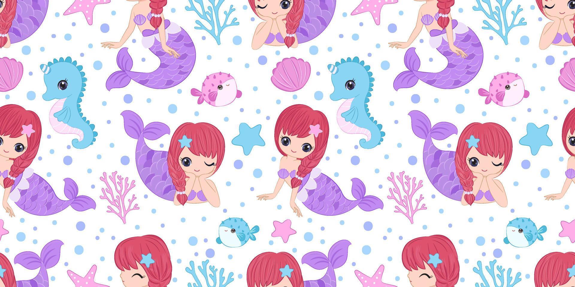 Cute Mermaids And Sea Life Seamless Pattern vector