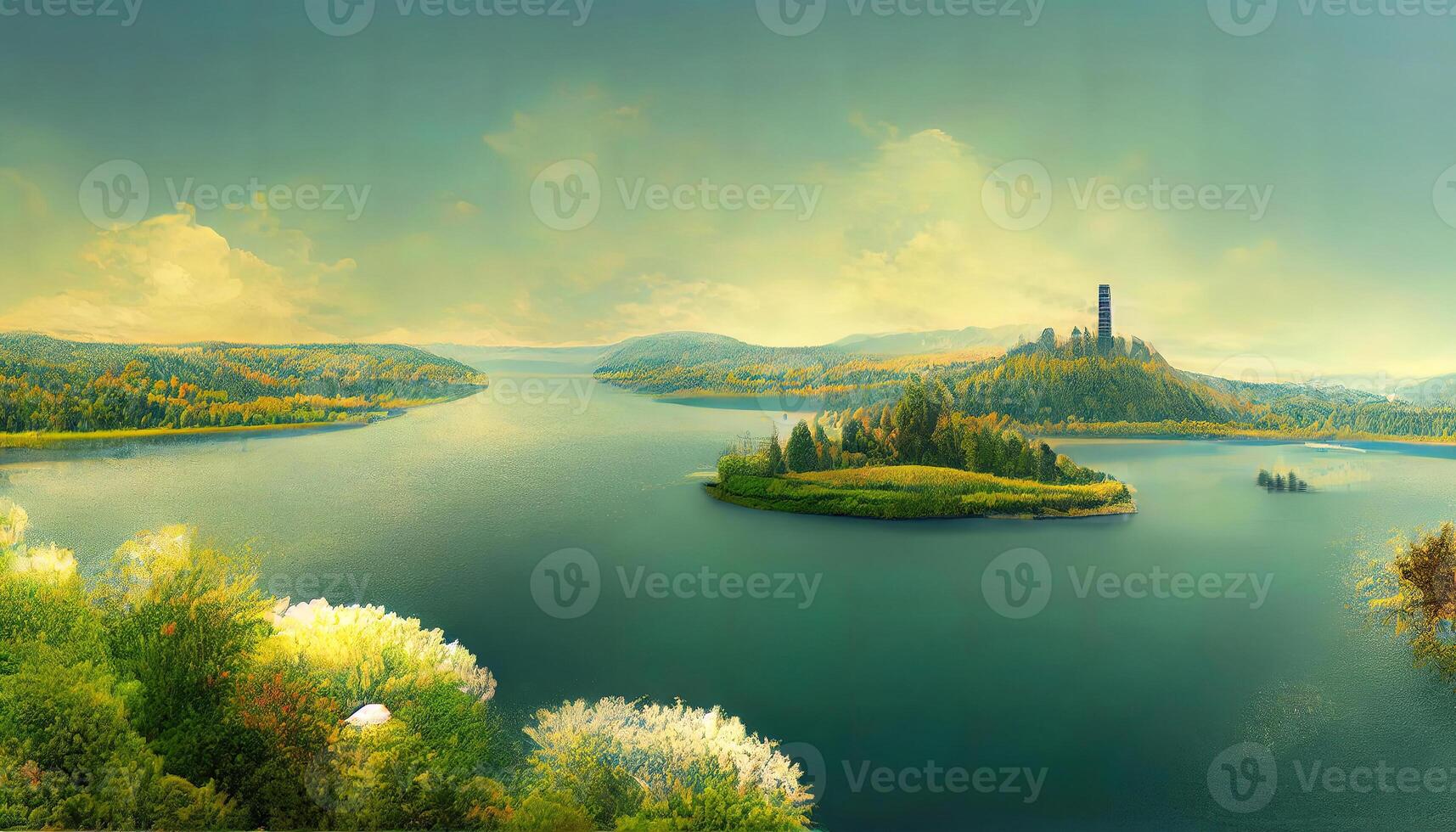 3D Beautiful lake and tower view from balcony wallpaper, Detailed, colored. photo