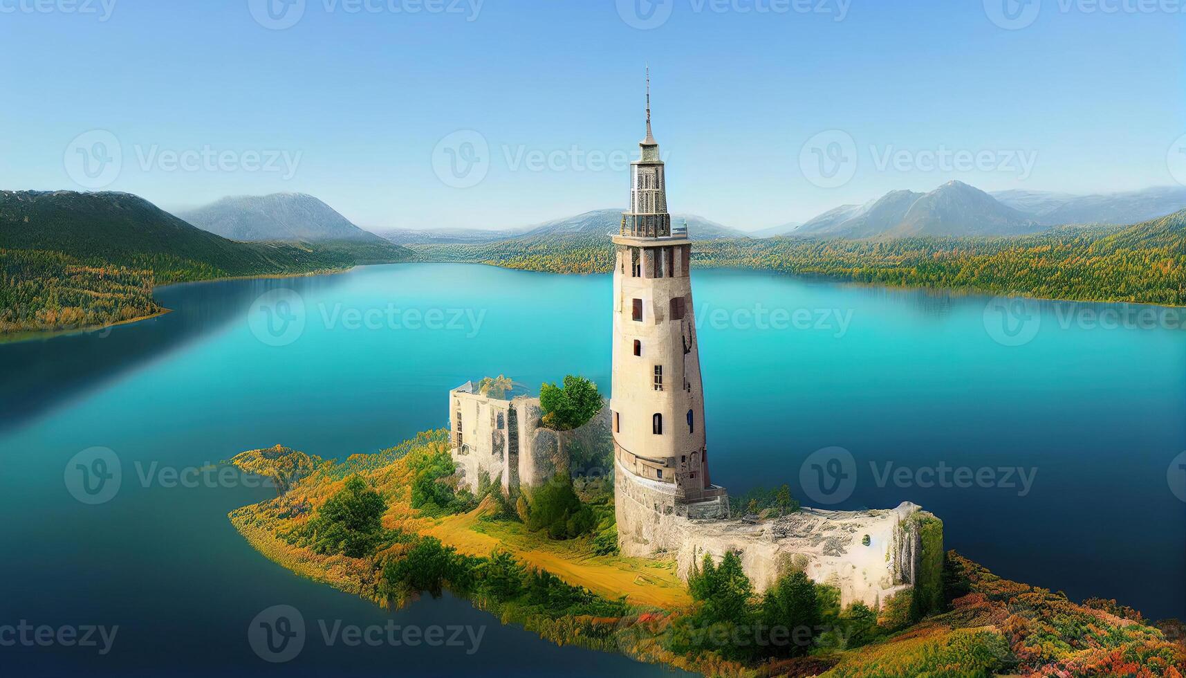3D Beautiful lake and tower view from balcony wallpaper, Detailed, colored. photo